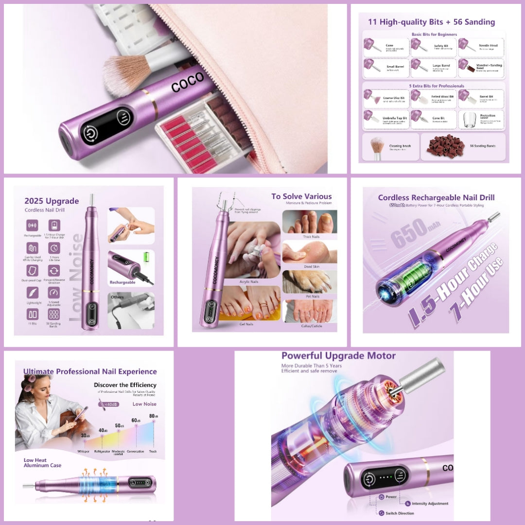 Nail Drill Cordless Electric Nail File Kit Rechargeable Professional Efile Nail Set, Portable Acrylic Gel Nail Polish Remover Machine Pedicure Manicure Tool, 11 Bits 56 Sanding Bands Salon Home