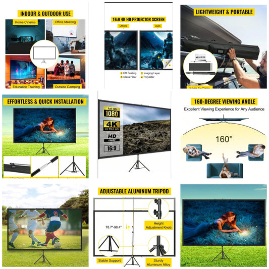 Tripod Projector Screen With Stand 60 Inch 16:9 4K HD Projection Screen Stand Wrinkle-Free Height Adjustable Portable Screen For Projector Indoor & Outdoor For Movie, Home Cinema, Gaming, Office