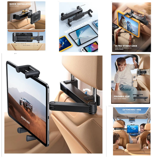 Car Headrest iPad Holder - [Aluminium Lockable Arm] Universal Car Tablet Mount Backseat with Foldable Wide Clip, Road Trip Essentials