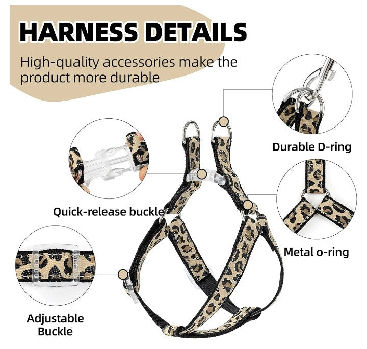 Leopard Dog Harness Collar Leash Set | Adjustable No Pull Dog Halter Harness for Medium Breed Dogs | Easy Control for Training Walking