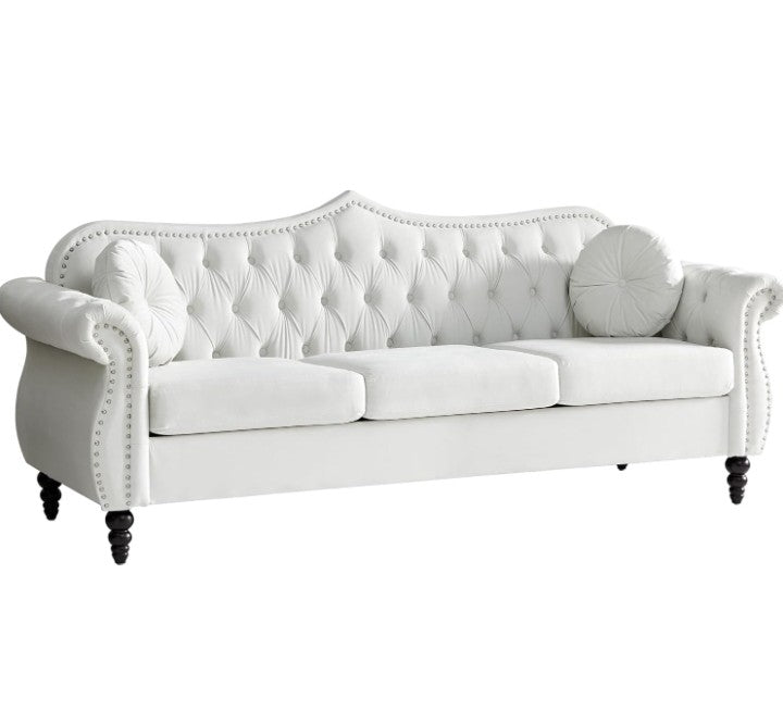 82" Three Seater Sofa, Chesterfield Sofa, Mid-Century Modern Velvet Upholstered Sofa, Deep Button Tufted Living Room Sofa with Two Throw Pillows,
