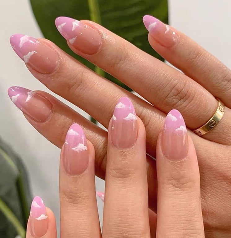 6 Packs (144 Pcs) Press on Nails Medium Design, Misssix Short Fake Nails Almond French Glue on Nails Set with Adhesive Tabs Nail File Acrylic False Nail Kits for Women