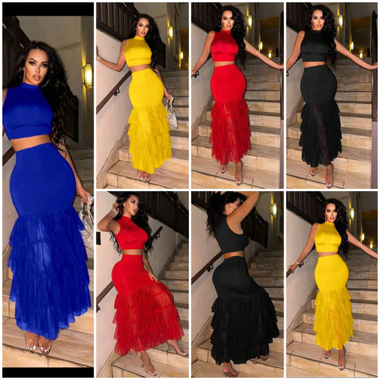 Solid Color Stand Collar Tank Top & Multi-Layer Ruffle Hem Skirt Two-Piece Set COCOMONEY