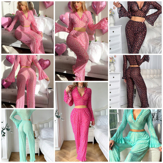 2pcs Sexy Women Printed Mesh Deep-V Lingerie Set COCOMONEY