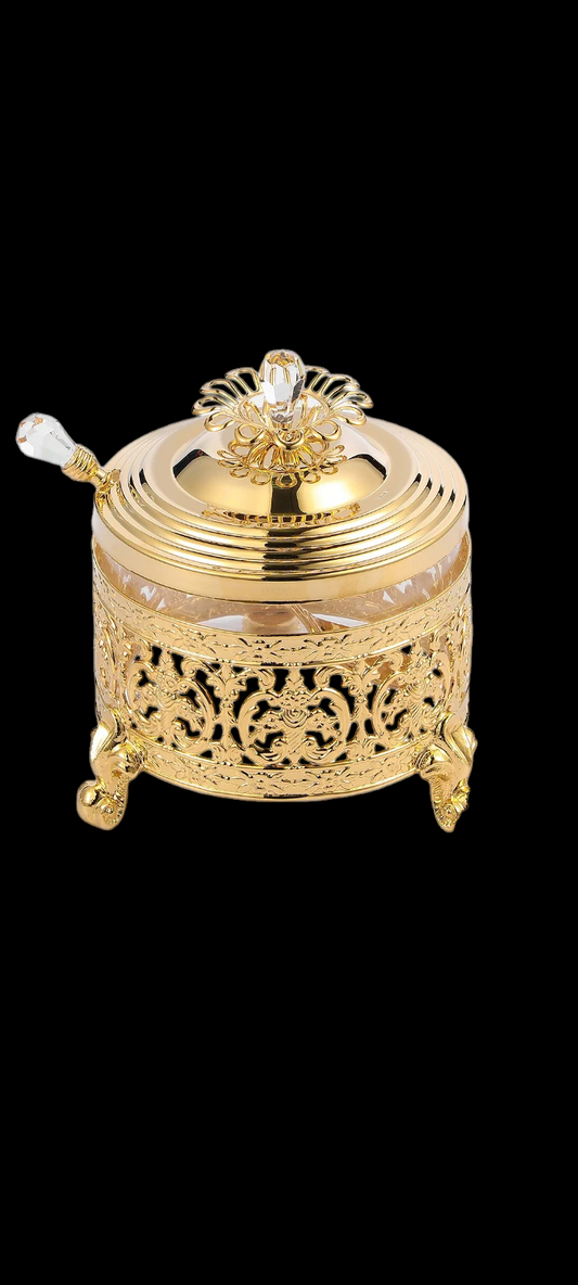 24K Gold Plated Sugar Bowl Honey Dish Glass Bowl - Detailed Intricate Design and Flower on Cover with Crystal Studded Spoon Great Gifts idea for Birthday, Mother's Day, Christmas, Anniversary etc