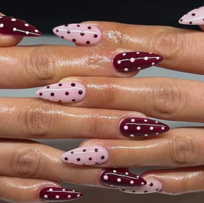 6 Packs (144 Pcs) Press on Nails Medium Almond Fake Nails with Designs Polka Dot Glue on Nails Cute False Nails Full Cover Glossy Acrylic Stick on Nail for Women Girls Manicure