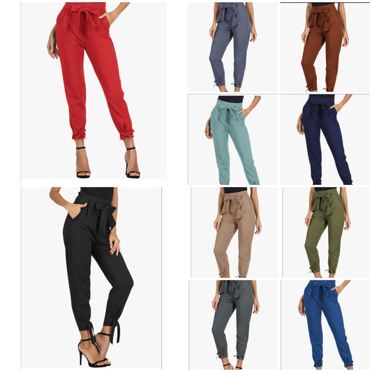 Womens Casual High Waist Pencil Pants with Pockets Bow-Knot Cropped Paper Bag Pants for Work