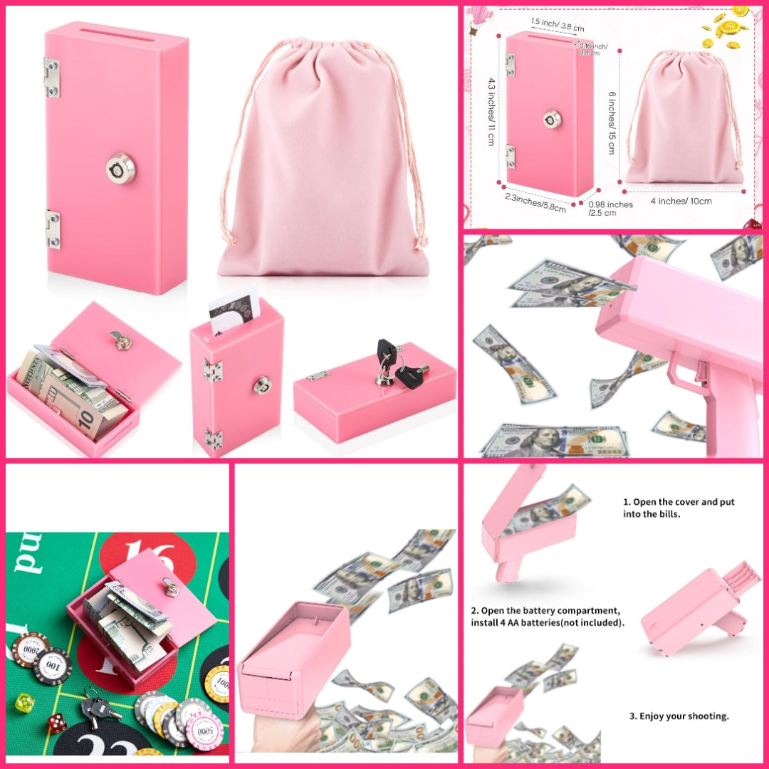 Pink safe or lockbox or money gun or money envelopes or kids cash register choose option below