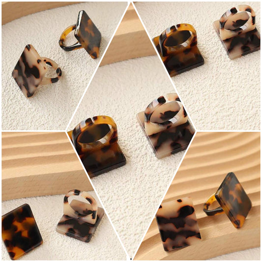 1set/2pcs Acrylic Tortoise Shell Pattern Wide Face Personality Vintage Ring Elegant Band COCOMONEY
