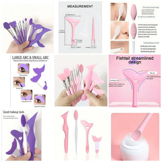 7pc Silicone Eyeliner Template - Wing Tip, Mascara, Lipstick, Cream Mask applicator - Makeup beauty tool, perfect for application