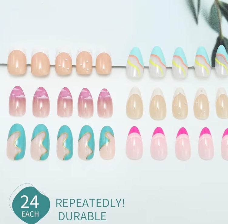 6 Packs (144 Pcs) Press on Nails Medium Design, Misssix Short Fake Nails Almond French Glue on Nails Set with Adhesive Tabs Nail File Acrylic False Nail Kits for Women