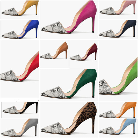 Women Stiletto Heels Snakeskin Slip On Pointed Toe Pumps Closed Toe High Heel Dress Shoes for Wedding Party Office