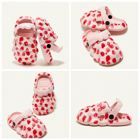 1pair Girls' Fun Cartoon Strawberry Printed Baby Hole Shoes, Cute Slippers, Garden Shoes, Home Shoes, Suitable For Daily Leisure Four Seasons