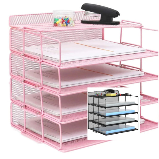 Stackable Paper Tray, 4 Tier Desk Organizer, 5 Trays Metal Paper Organizer for Desk, File Organizer for School Home and Office