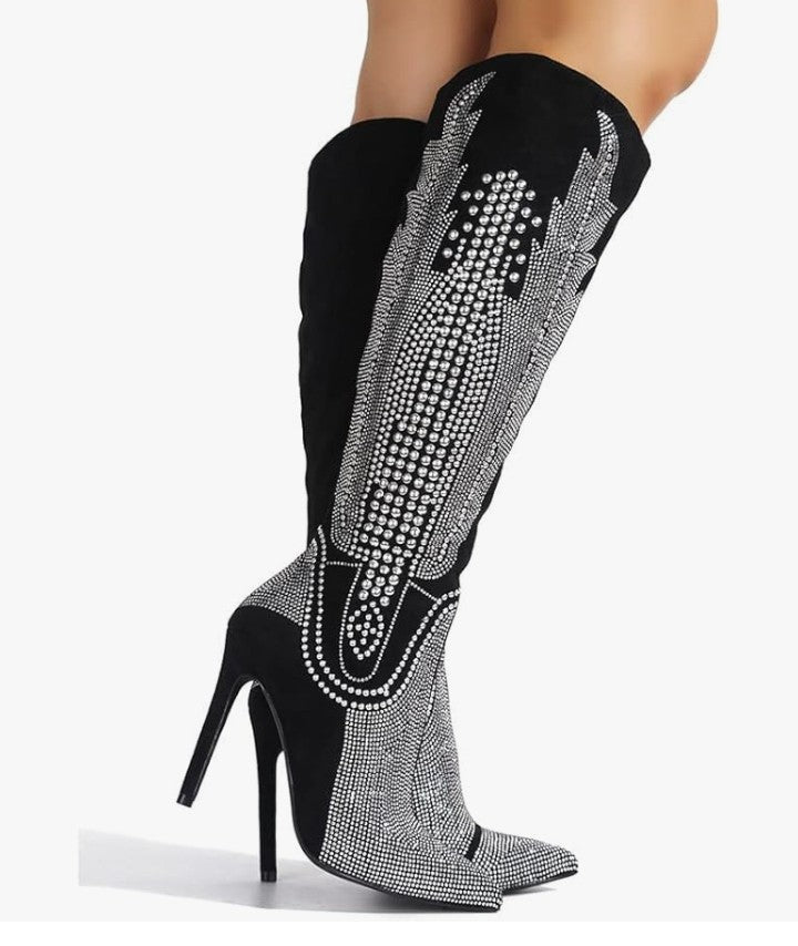 Knee High Cowboy Boots Women Western Wide Calf Rhinestone Cowgirl Boots for Women with Stiletto Heels Fashion Dress Boots for Women