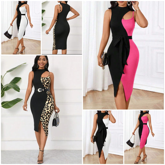 Leopard Print Color Block Dress COCOMONEY