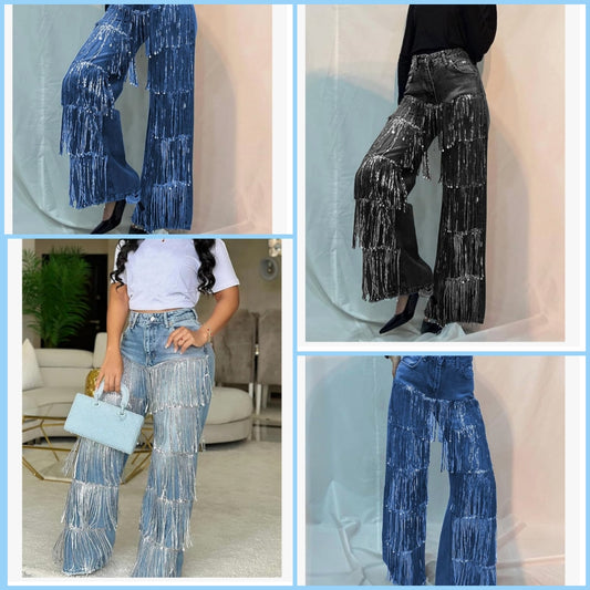 High Waisted Sequin Fringe Jeans Baggy Wide Leg Glitter Sparkly Tassels Denim Pants Trousers