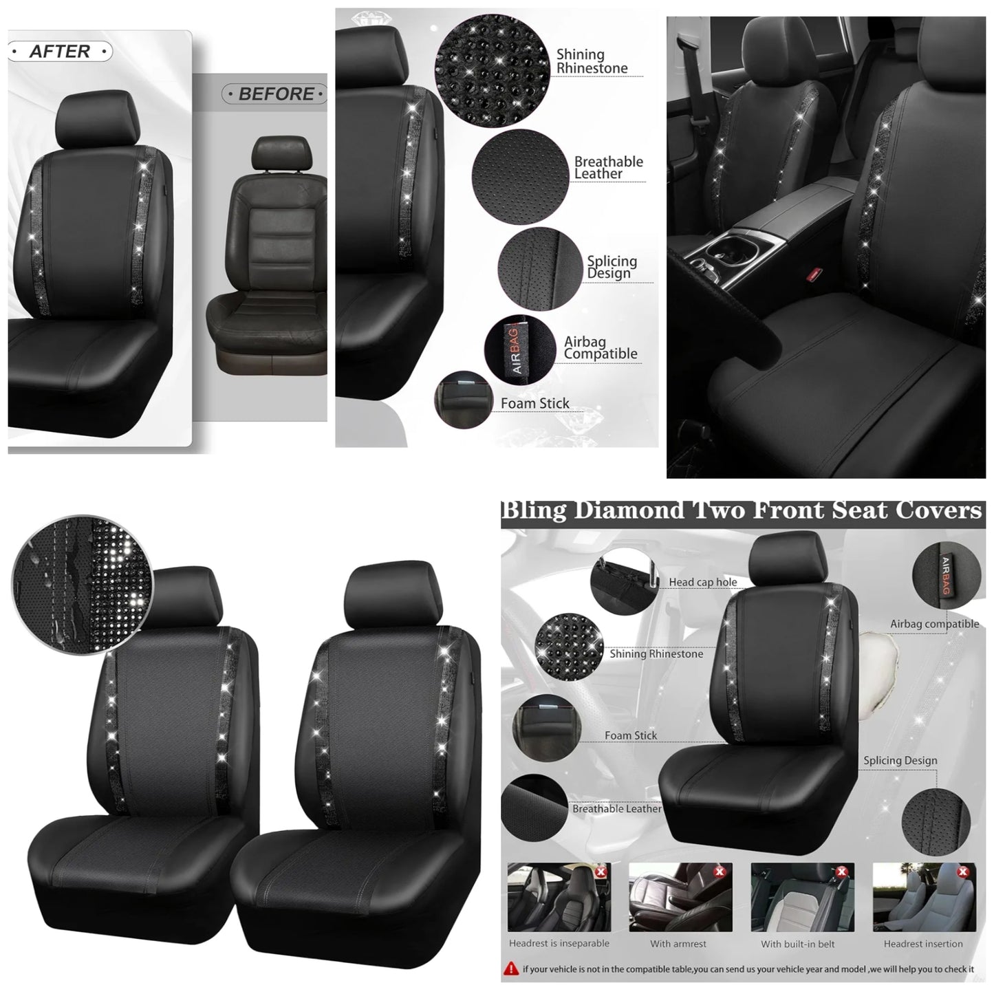 Leather Diamond Bling Car Seat Covers 2 Front Interior Sets, Waterproof Universal Shining Glitter Crystal Sparkle Fit for 95% Automotive Truck SUV Cute Women Girl, Black Rhinestone
