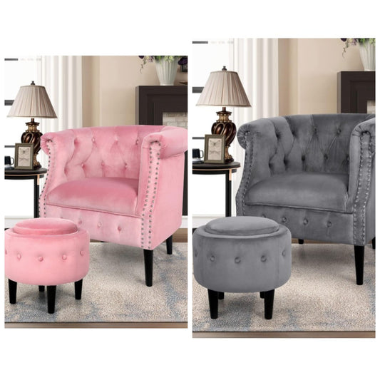 Mid-Century Accent Chair with Storage Ottoman, Modern Velvet Armchair Button Tufted Rivet Barrel Chair, Comfy Single Sofa Chair Ottoman Set for Living Room Bedroom Reading Room