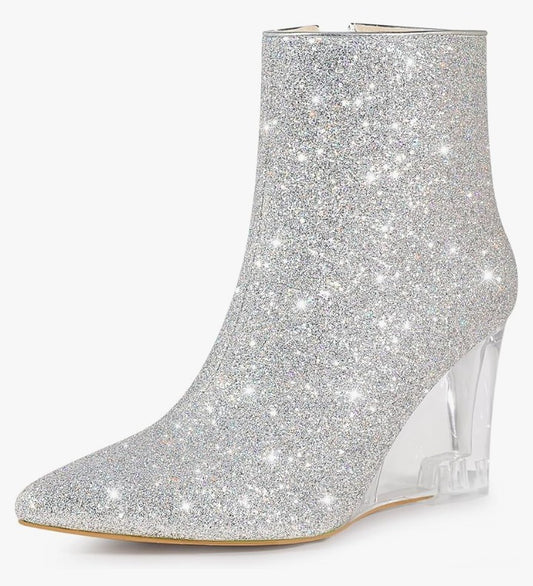 Clear Heels Boots Sequin Pointed Toe Glitter Wedge Heels Ankle Boots for Women