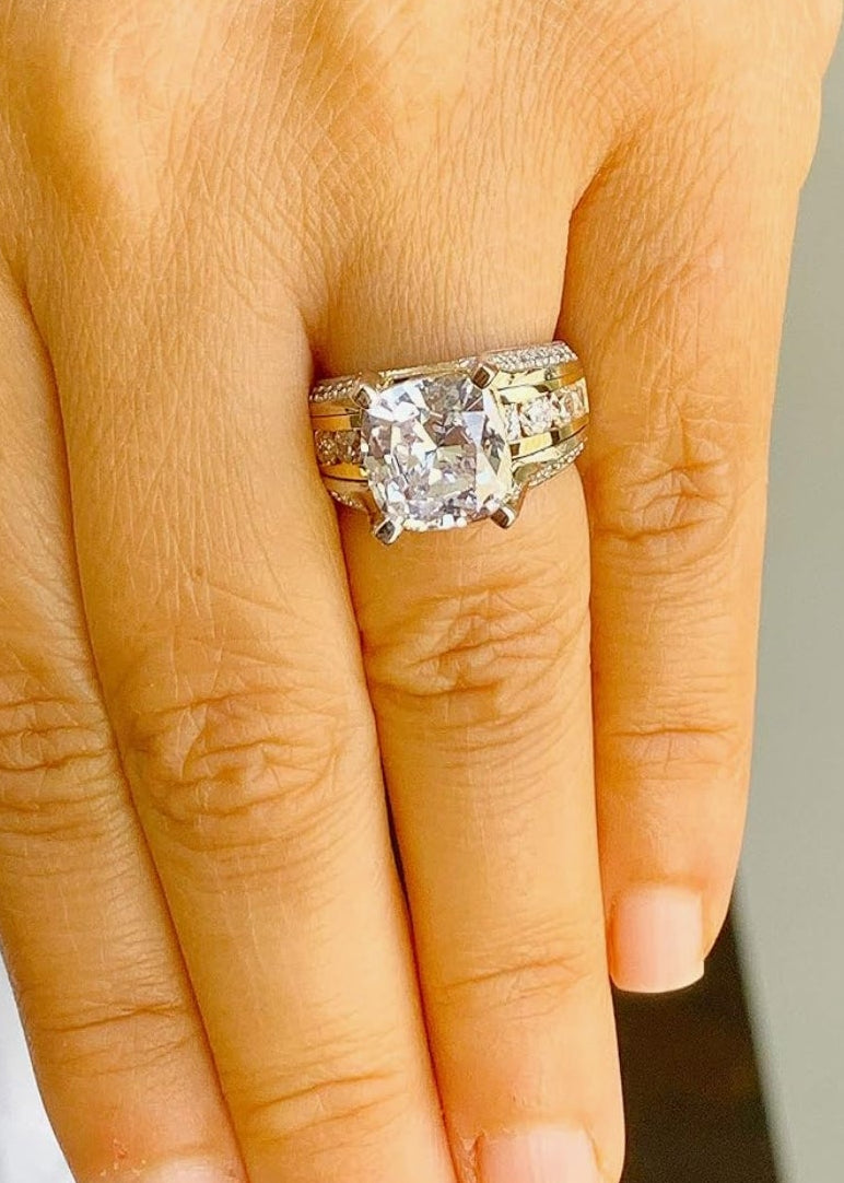 AMAZING 14K Solid And Heavy White and Yellow Gold Cushion and Round Cut Simulated Diamonds Engagement Ring Wedding Bridal Set 6.50ctw