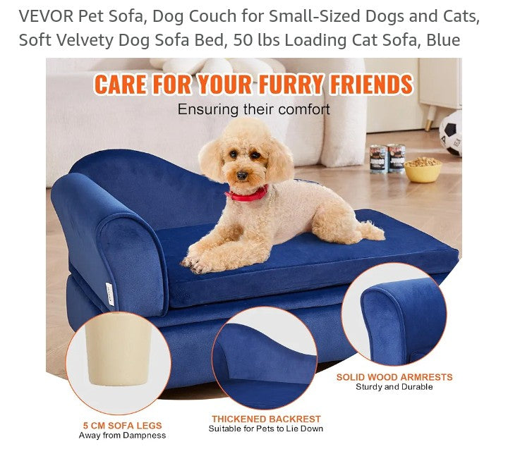 VEVOR Pet Sofa, Dog/Cat Couch for Small-Sized Dogs or Cats, Soft Velvety Dog Sofa Bed, 50 lbs Loading Cat Sofa, Blue
