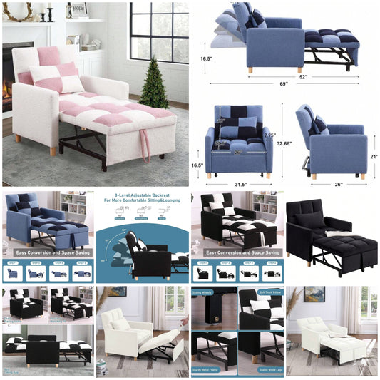 Convertible Sleeper Sofa Chair Bed, 3 In 1 Multi-Function Folding Ottoman Bed Couch Bed, Single Pull-Out Bed With Adjustable Backrest And Pillow For Living Room Apartment Office