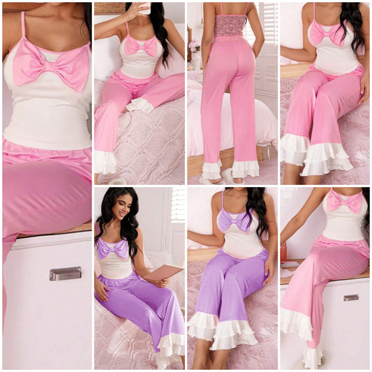 Sweet Cocomoney Slumber Cute Ins Contrast Color Big Bow Ruffle Heart Lace Patchwork Women Pajama Set
