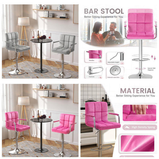 2 Velvet Modern Bar Stools Adjustable Swivel Barstools, Hydraulic Kitchen Counter Bar Stool Synthetic Leather Extra Height Square Island Barstool With Arms Set Of 2