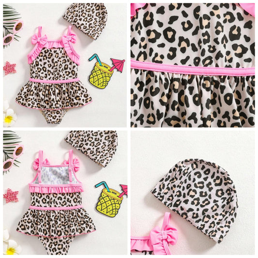 Babygirl Leopard Print Ruffle Bow Decor Adjustable Strap Camisole With Swim Cap