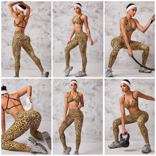 2pcs/Set Women Sports Outfit, Front & Shoulder Criss-Cross Design, Regular Bra Top + 7/8 Leggings, Brown Leopard Print, Seamless & High-Waist, Random Floral Print, Yoga & Fitness COCOMONEY