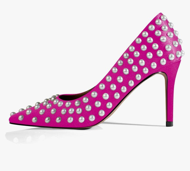 Sexy Stiletto High Heel Pumps Chic Pearl Studded Slip-on Shoes Satin Pointed Toe Fashion Dress