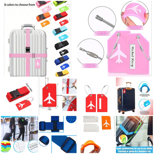 2Pcs/Set Luggage Straps Set Adjustable Belts,Packing Belt Luggage Tie,Rope Suitcase Strap Fixed Strap,And Silicone Luggage Tags,Luggage Handbag Travel Suitcase Tags ,With Name ID Card, Suitable For All Types Of Bags & Suitcases, Suitcase Accessories,