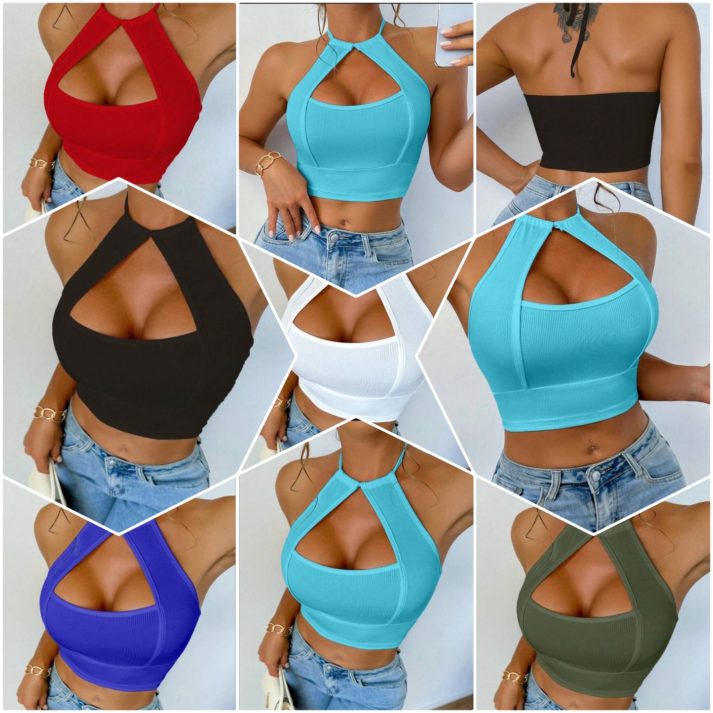 Sexy Solid Color Hollow-Out Halter Crop Top COCOMONEY