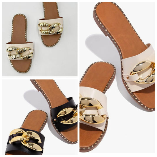 Women's Flat Heels Open Toe Backless Slippers Metallic Chains Slip On Summer Indoor Outdoor Slide Sandals.