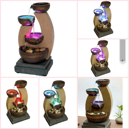 11" H Golden Tiered Bowl Fountain with Color Changing LED Lights with Adapter Brown