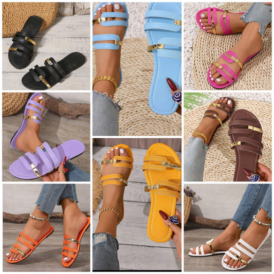 Slip-On Round Toe Flat Non-Slip Wear-Resistant Gold Stripe Hollow Open Toe Yellow Slippers, Matching Dresses, Skinny Pants, Casual Pants, Shorts, Skirts, Slip-On Women's Slippers For Spring, Summer, Autumn