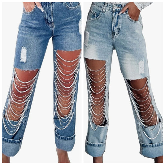 Sexy Ripped Distressed Destroyed Rhinestones Chain Party Clubwear Denim Pants Jeans