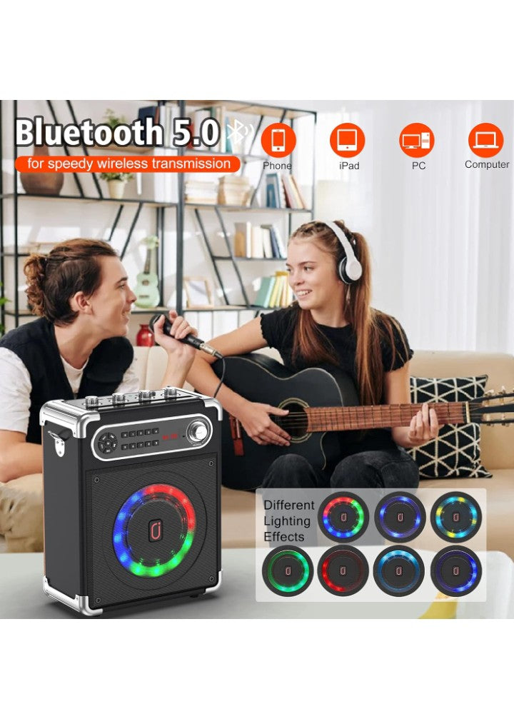 JYX Karaoke Machine with Two Wireless Microphones, Portable Bluetooth Speaker with Bass/Treble Adjustment, PA System with Remote Control, LED Lights,Supports TF Card/USB, AUX IN, FM, REC,TWS for Party