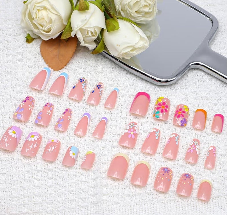 6-Pack Square Press-On Nails: 12 Sets (144 Pcs) French Tip Fake Nails with Flower Design - Full Cover, Colourful Artificial, Reusable False Nails Kit - Cute Glue-On Nails for Women & Girls