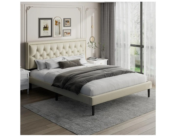 Bed Frame with Linen Button Tufted Headboard, Modern Upholstered Platform Bed, Mattress Foundation, Easy Assembly, No Box Spring Needed,