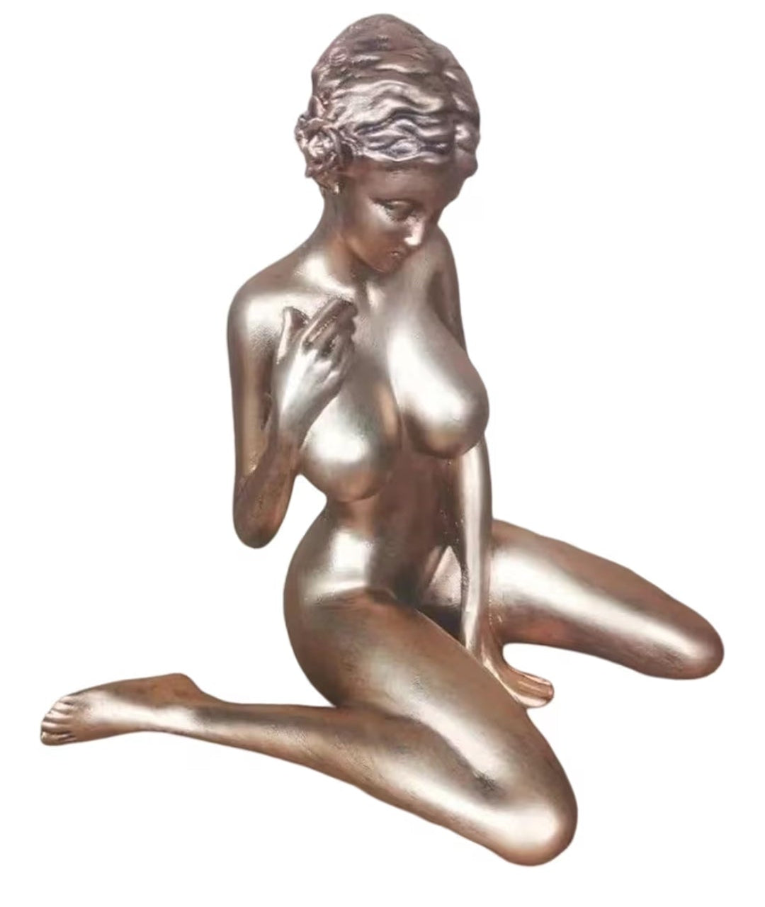 Nude Female Statue, Big Chest Busty Female Girl Statue, Kneeling Female Sculpture, Copper Body Girl, Silver Resin Crafts Decor, Sexy Body Sculpture Figurines, for Home Office Art Decoration, Silver