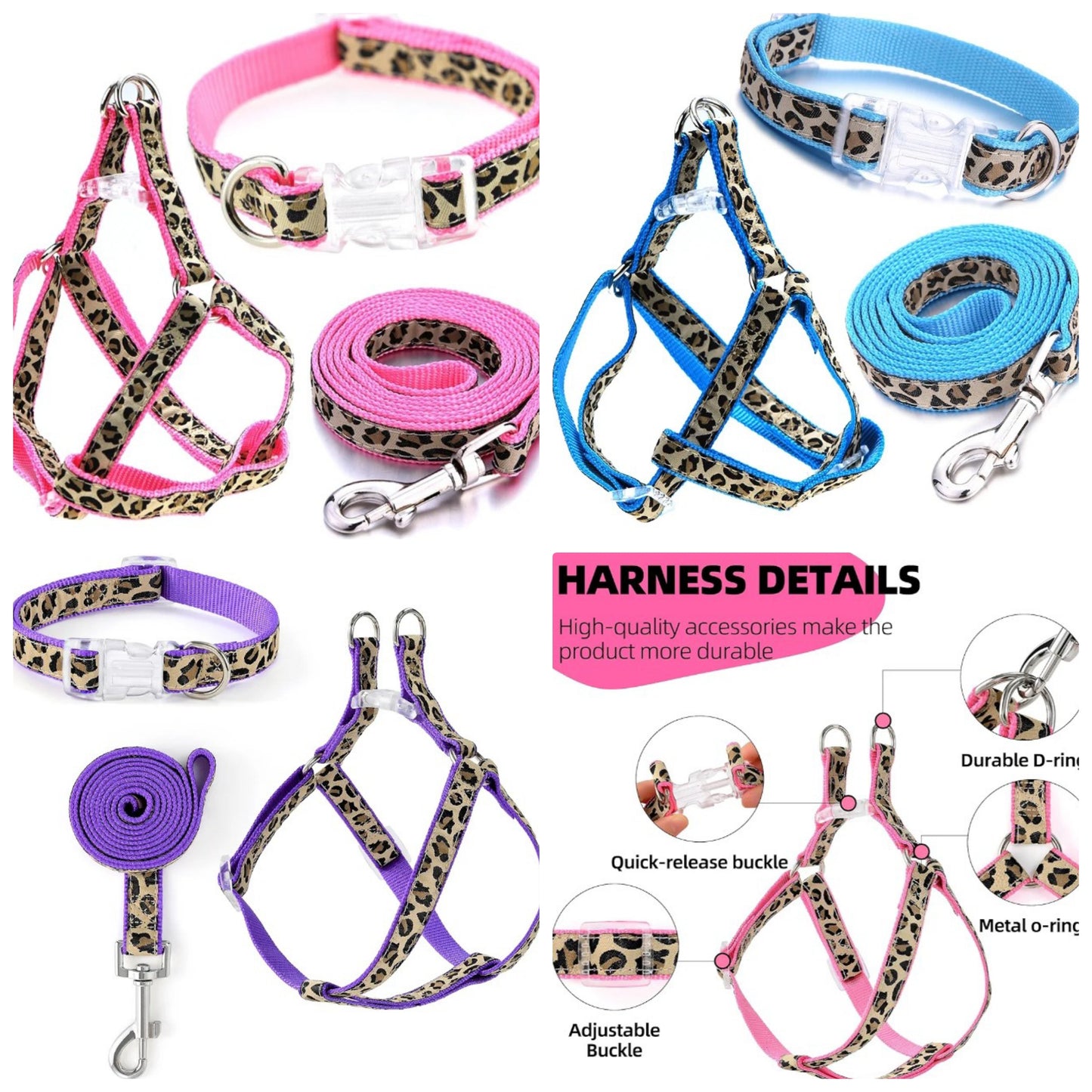 Leopard Dog Harness Collar Leash Set | Adjustable No Pull Dog Halter Harness for Medium Breed Dogs | Easy Control for Training Walking