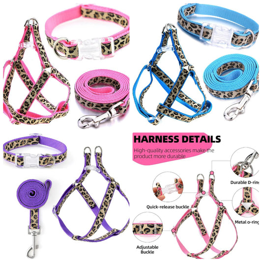Leopard Dog Harness Collar Leash Set | Adjustable No Pull Dog Halter Harness for Medium Breed Dogs | Easy Control for Training Walking