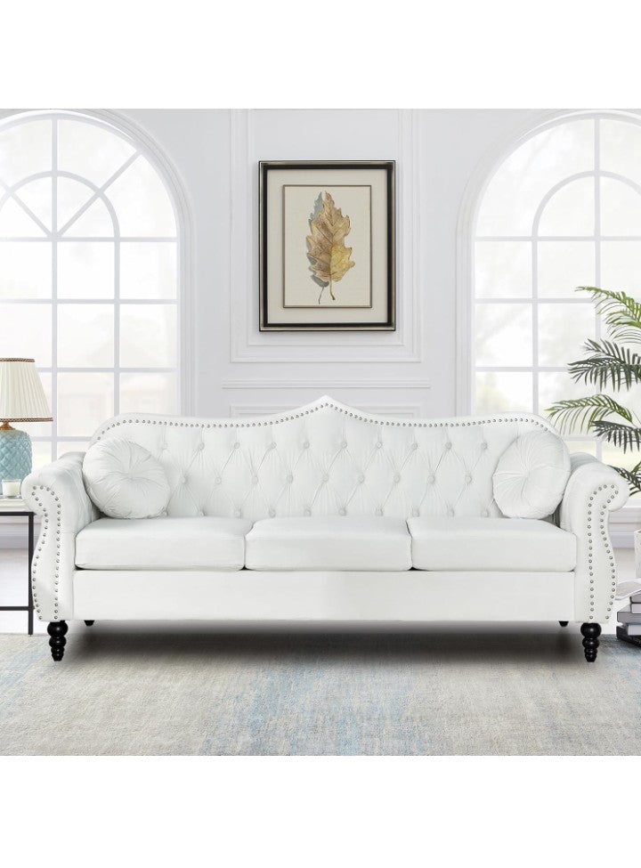 82" Three Seater Sofa, Chesterfield Sofa, Mid-Century Modern Velvet Upholstered Sofa, Deep Button Tufted Living Room Sofa with Two Throw Pillows,