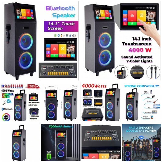 Dazone 4000W Dual 10" Woofers Rechargeable Karaoke Box Machine Wireless Bluetooth Speakers 14.1" Touchscreen Tablet With 2 Wireless Microphone Lyrics Display For Android IOS LED Light HD Sound