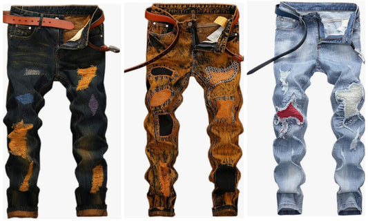 Men's Slim Fit Mid Waist Straight Leg Ripped Distressed Holes Classic Denim Patches Jeans