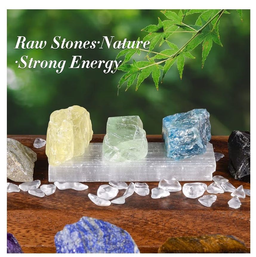 17Pcs Crystals and Healing Stones, 14Pcs Real Raw Chakra Stones Set, Selenite Charging Plate, Amethyst Necklace, Rose Quartz, Mothers Day Gifts, Gift Box, Guide for Beginners, Collection, Meditation, Yoga