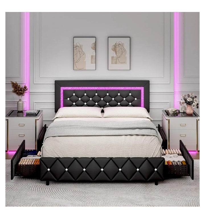 Full Size Bed Frame with LED Lights, Upholstered Bed Frame with Storage Drawers, Princess Platform Bed with Diamond Headboard and Footboard, No Box Spring Needed,