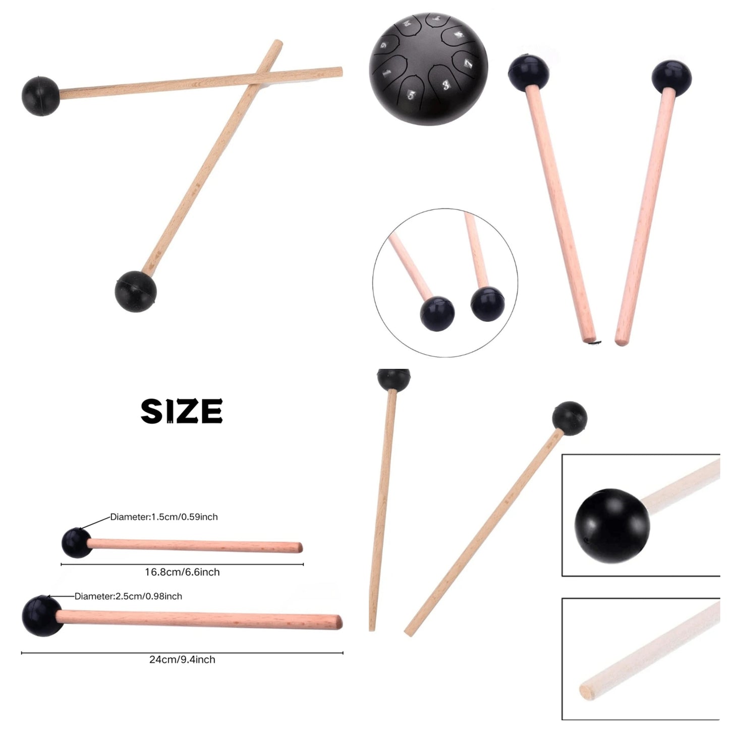 2pcs Mystical Drum Stick Set, Rubber Rounded Drumsticks With Maple Wood Handles, Percussion Drum Mallet Accessories wood